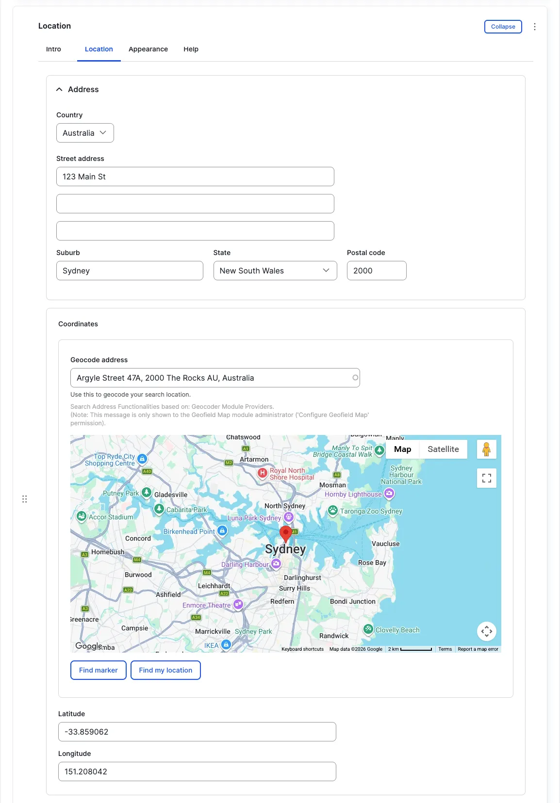 Location — Location tab