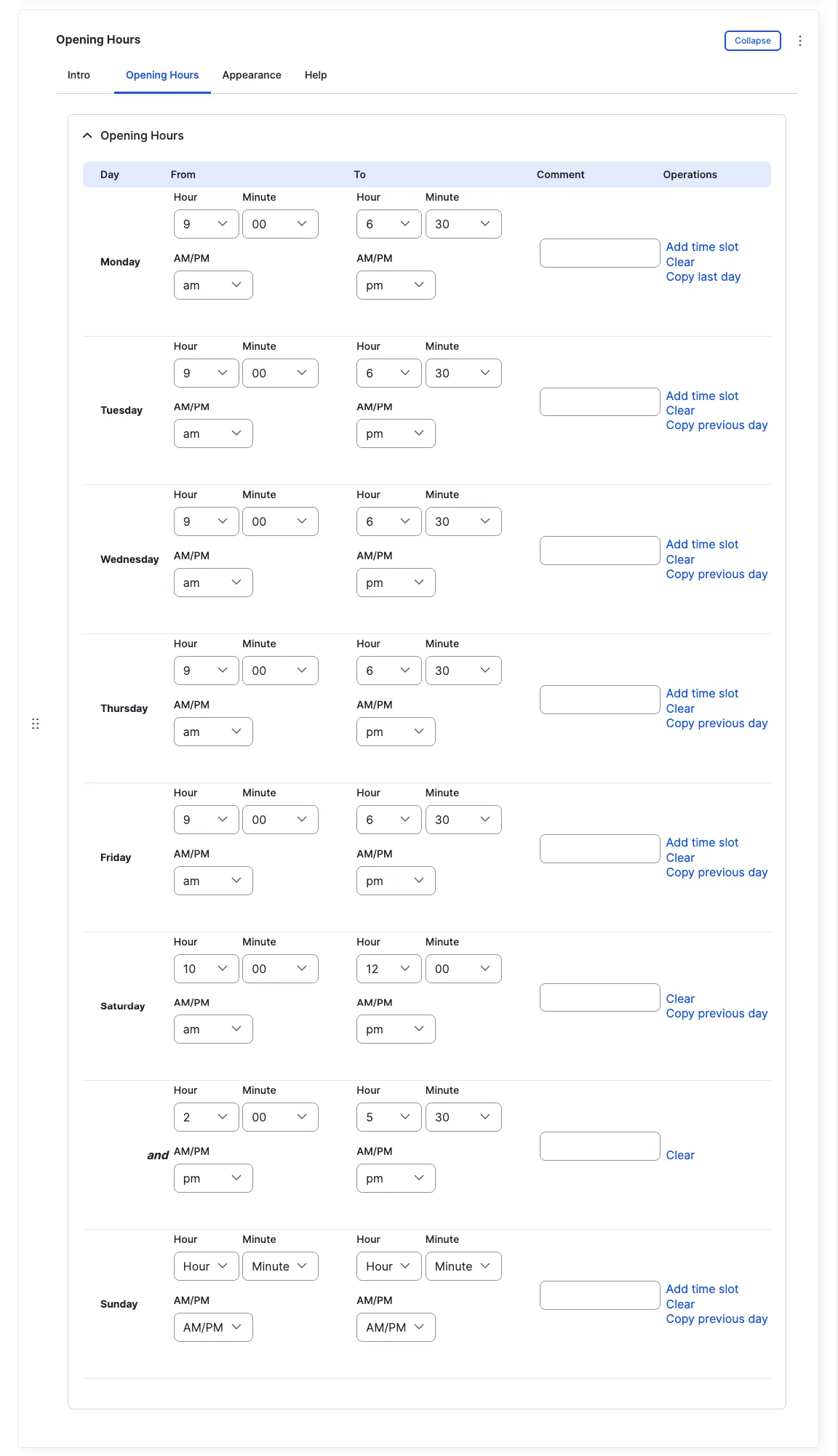 Opening Hours — Opening Hours tab