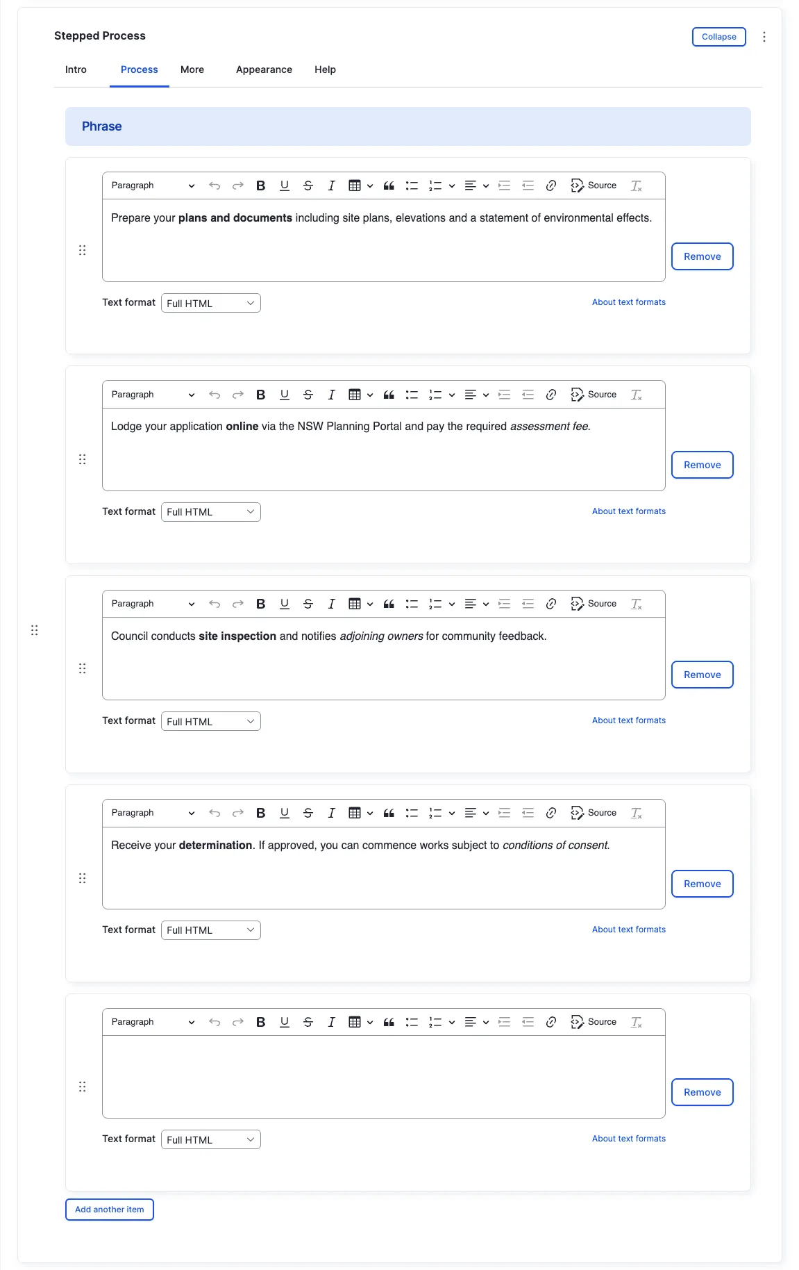 Stepped Process — Process tab