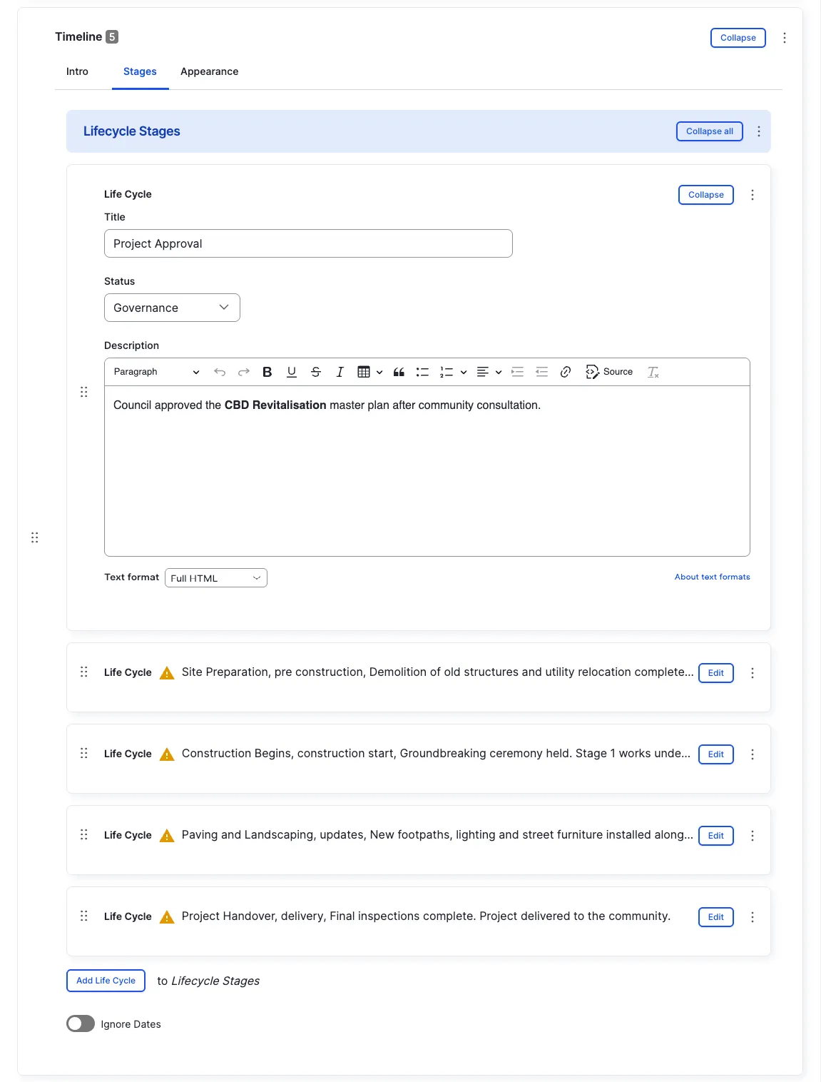 Timeline — Stages tab